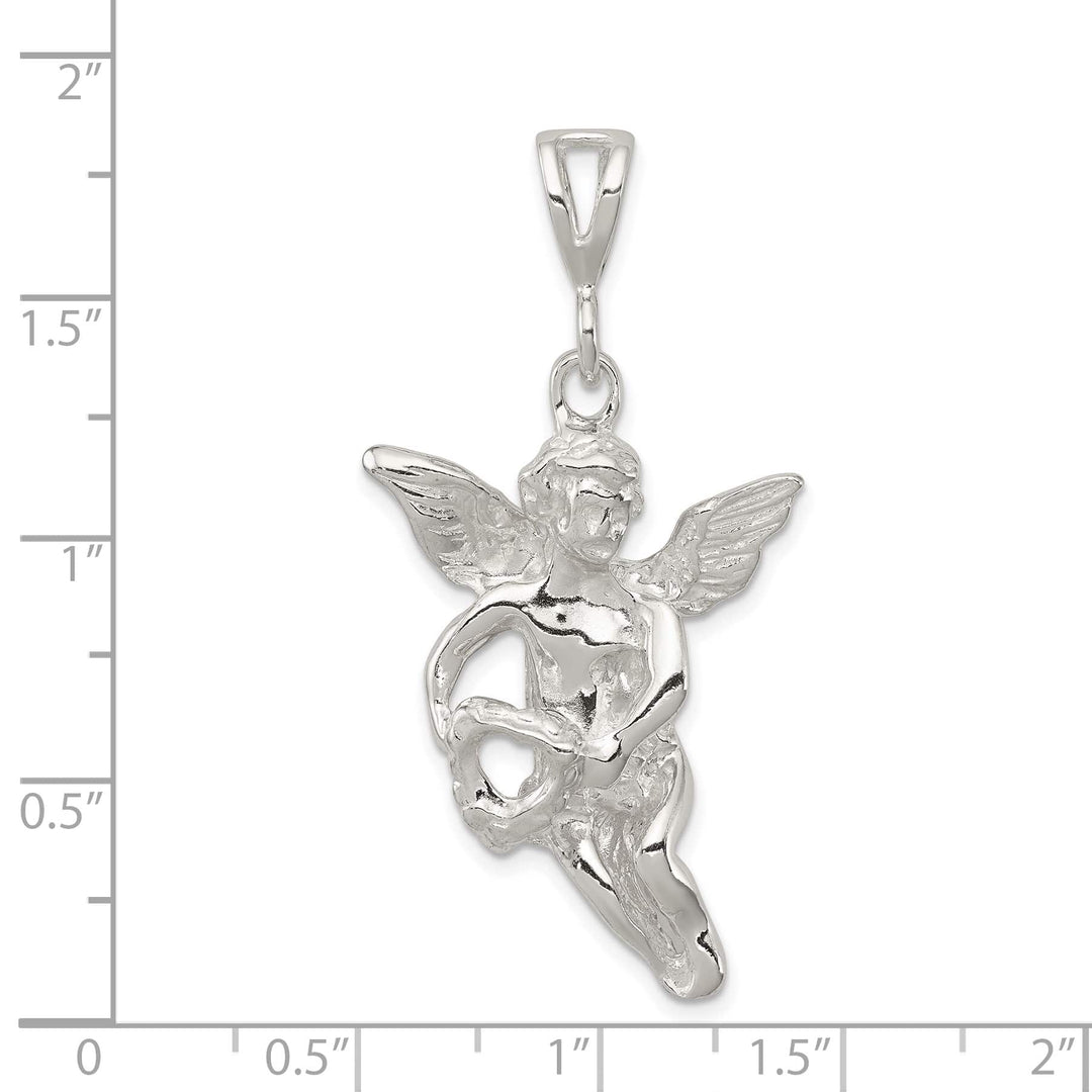 Sterling Silver Polished and Textured Flying Angel with Heart Pendant