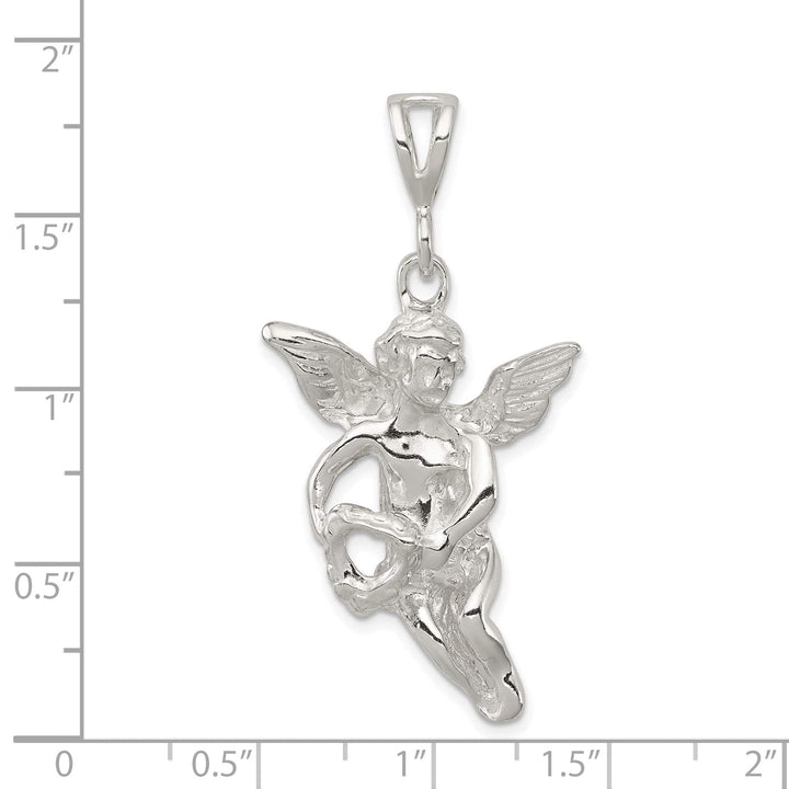 Sterling Silver Polished and Textured Flying Angel with Heart Pendant