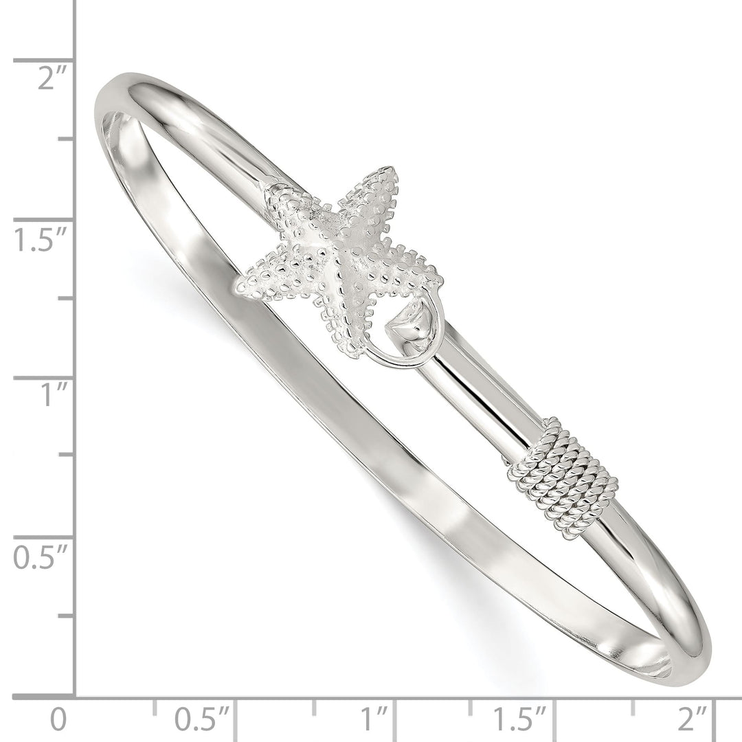 Sterling Silver Polished and Textured Starfish Hook Closure Bangle