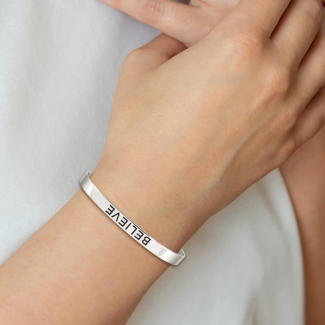 Sterling Silver Polished Antiqued Believe Cuff Bangle