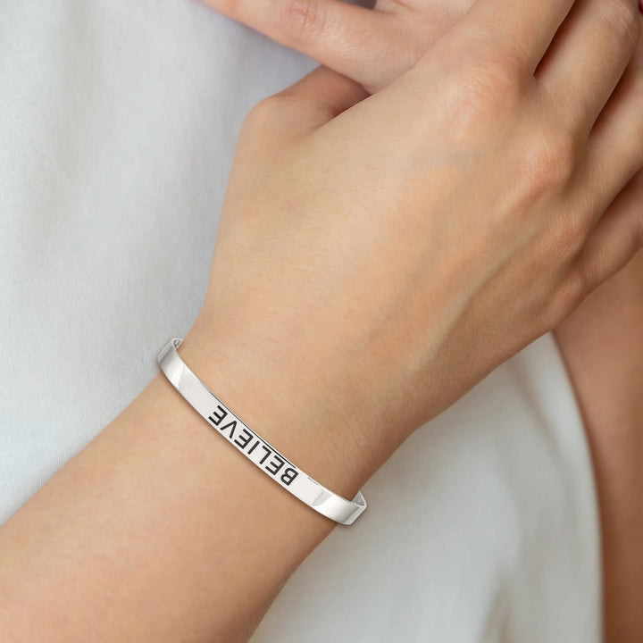 Sterling Silver Polished Antiqued Believe Cuff Bangle