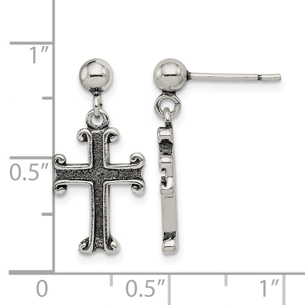 Sterling Silver Polished & Antiqued Cross Post Dangle Earrings, view 4 of 4