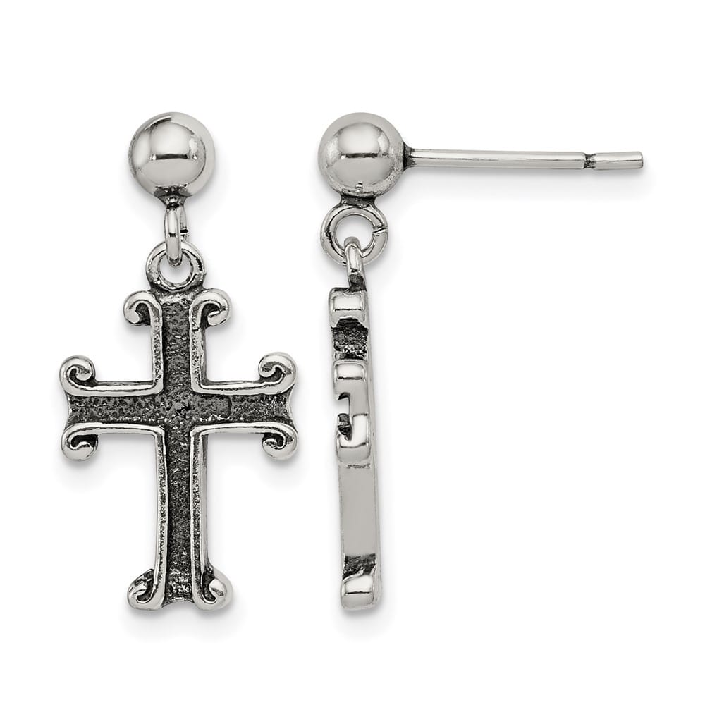 Sterling Silver Polished & Antiqued Cross Post Dangle Earrings, view 1 of 4