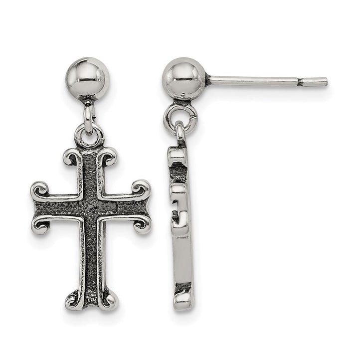 Sterling Silver Polished & Antiqued Cross Post Dangle Earrings, view 1 of 4