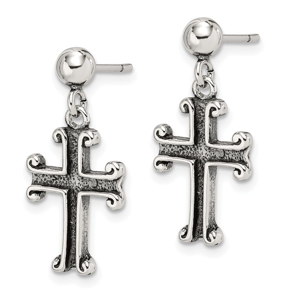Sterling Silver Polished & Antiqued Cross Post Dangle Earrings, view 2 of 4