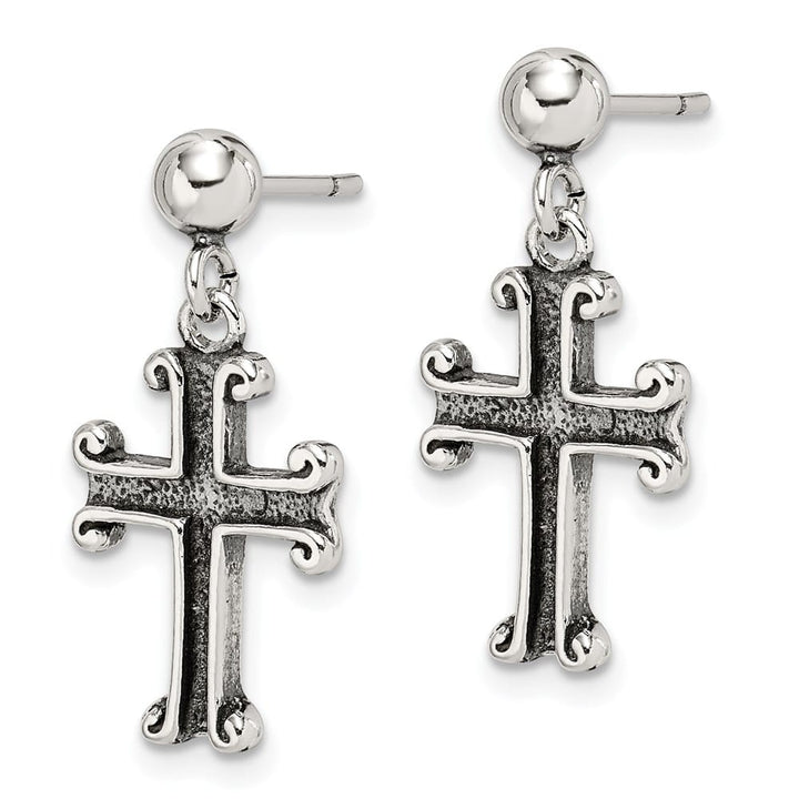 Sterling Silver Polished & Antiqued Cross Post Dangle Earrings, view 2 of 4