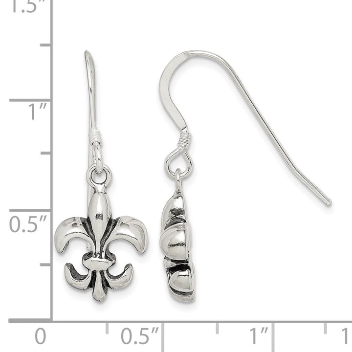 Sterling Silver Polished & Antiqued Fleur de Lis Dangle Earrings, view 4 of 4