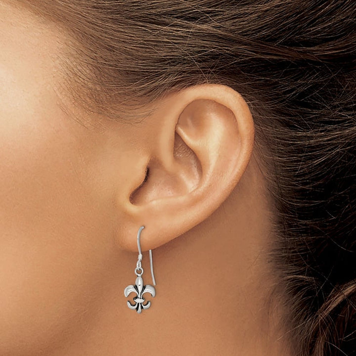 Sterling Silver Polished & Antiqued Fleur de Lis Dangle Earrings, view 3 of 4