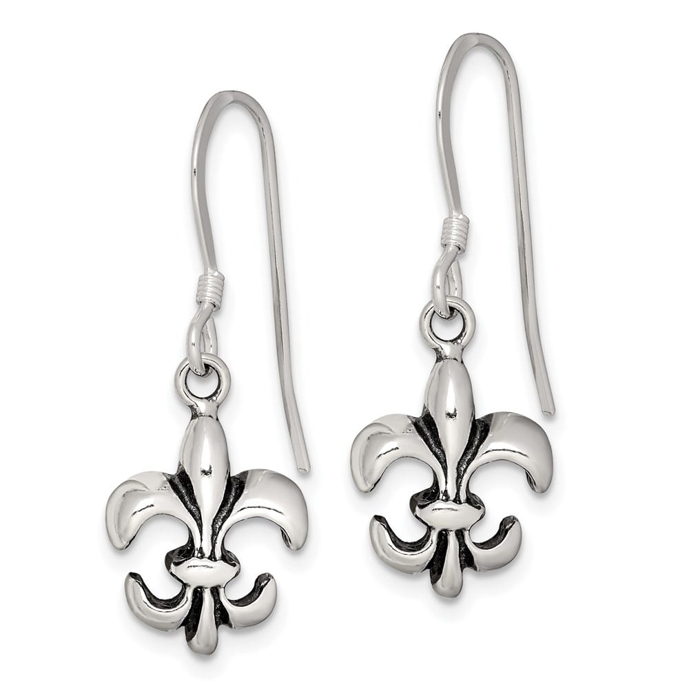 Sterling Silver Polished & Antiqued Fleur de Lis Dangle Earrings, view 2 of 4