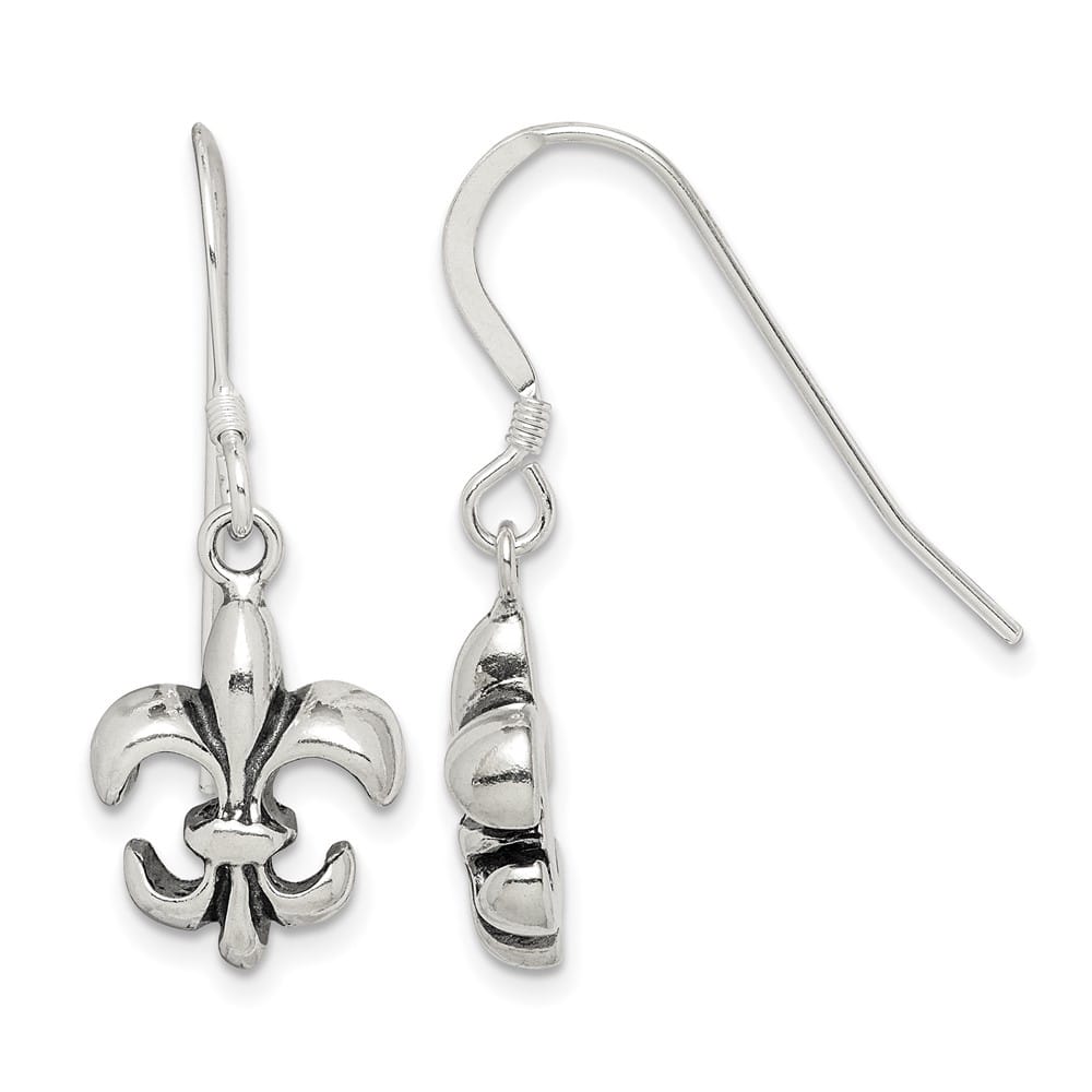 Sterling Silver Polished & Antiqued Fleur de Lis Dangle Earrings, view 1 of 4