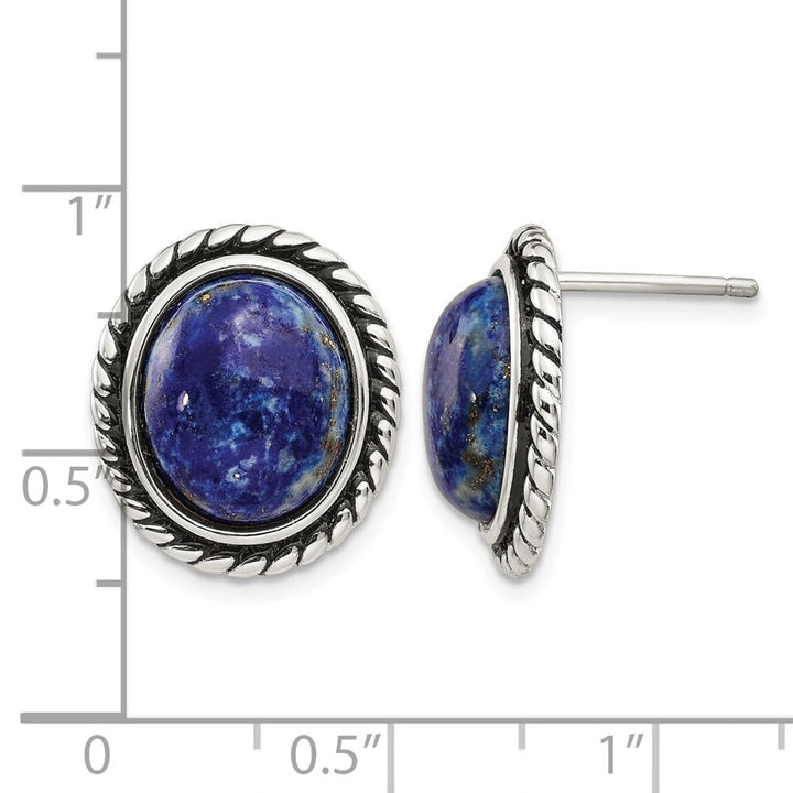 Sterling Silver Polished/Antiqued Lapis Cabochon Post Earrings, view 4 of 4