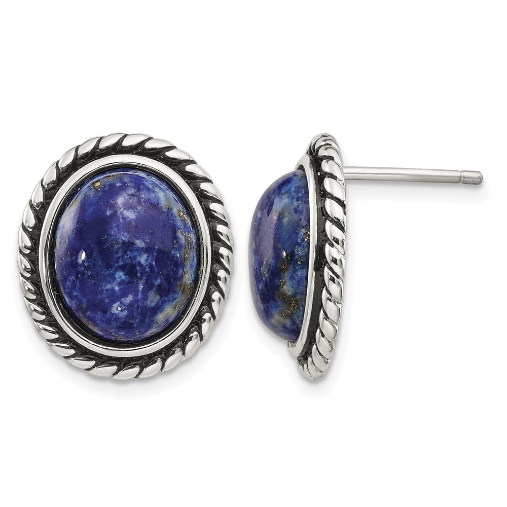Sterling Silver Polished/Antiqued Lapis Cabochon Post Earrings, view 1 of 4