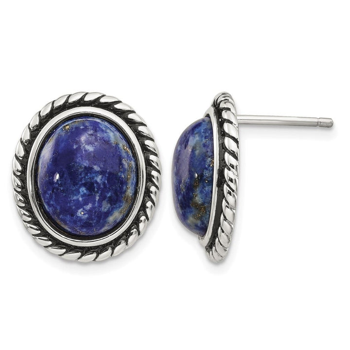 Sterling Silver Polished/Antiqued Lapis Cabochon Post Earrings, view 1 of 4