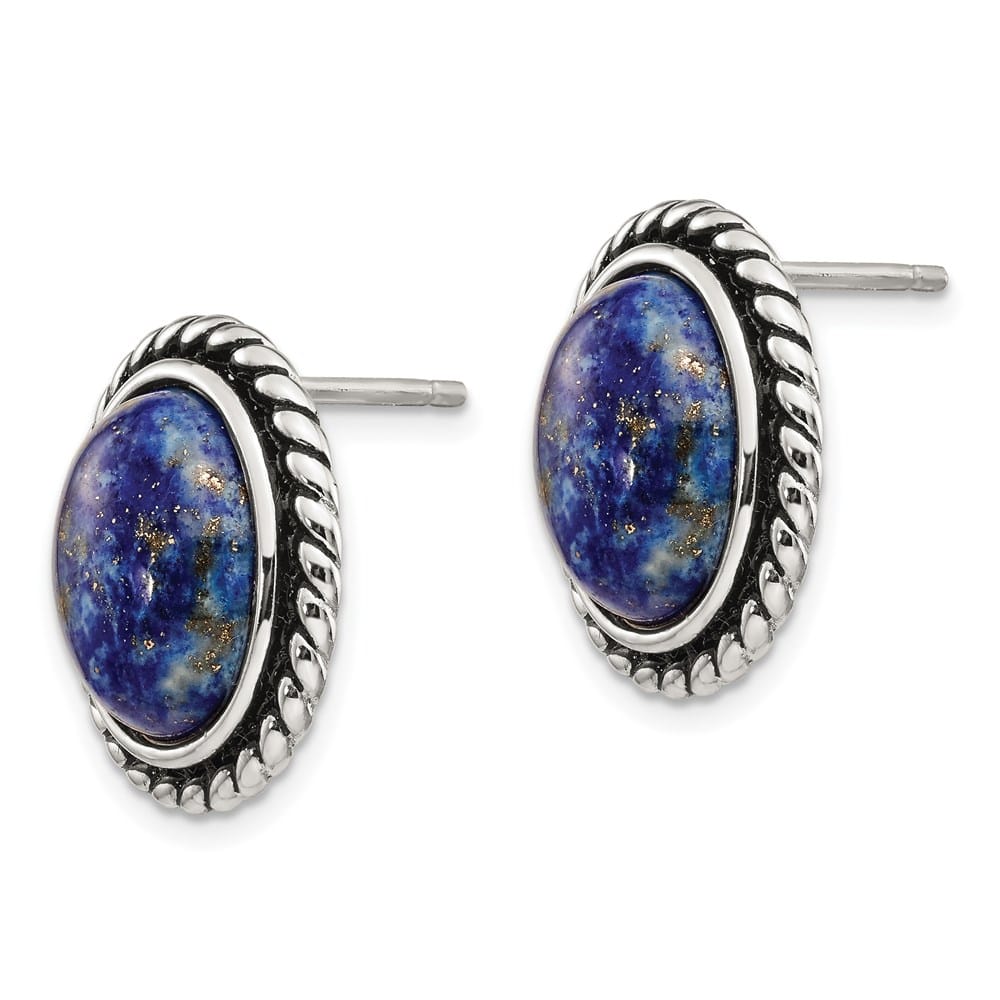Sterling Silver Polished/Antiqued Lapis Cabochon Post Earrings, view 2 of 4