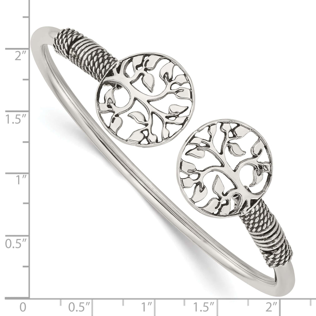 Sterling Silver Polished Antiqued Tree of Life Flexible Bangle
