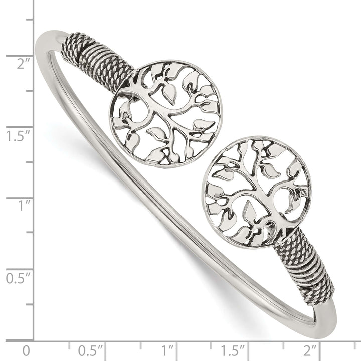 Sterling Silver Polished Antiqued Tree of Life Flexible Bangle