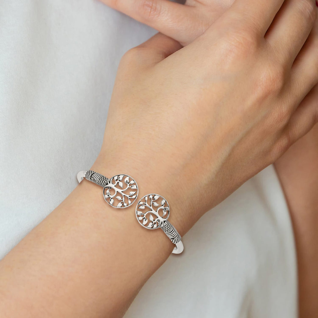 Sterling Silver Polished Antiqued Tree of Life Flexible Bangle