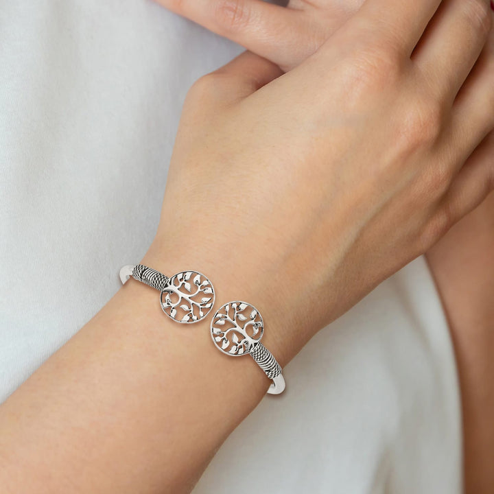 Sterling Silver Polished Antiqued Tree of Life Flexible Bangle