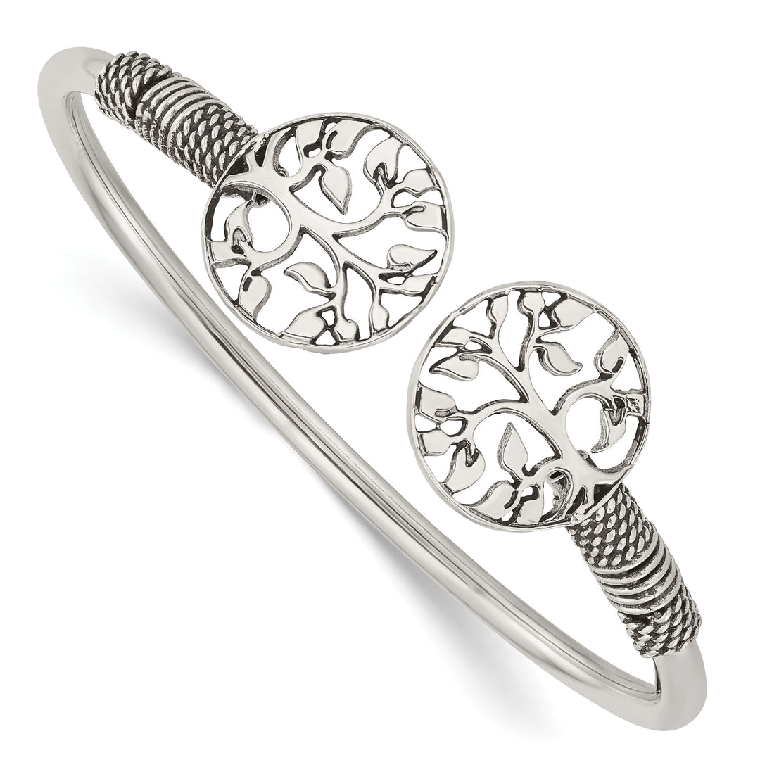 Sterling Silver Polished Antiqued Tree of Life Flexible Bangle