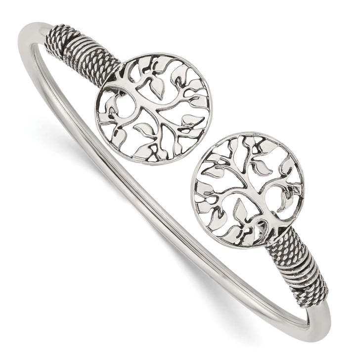 Sterling Silver Polished Antiqued Tree of Life Flexible Bangle