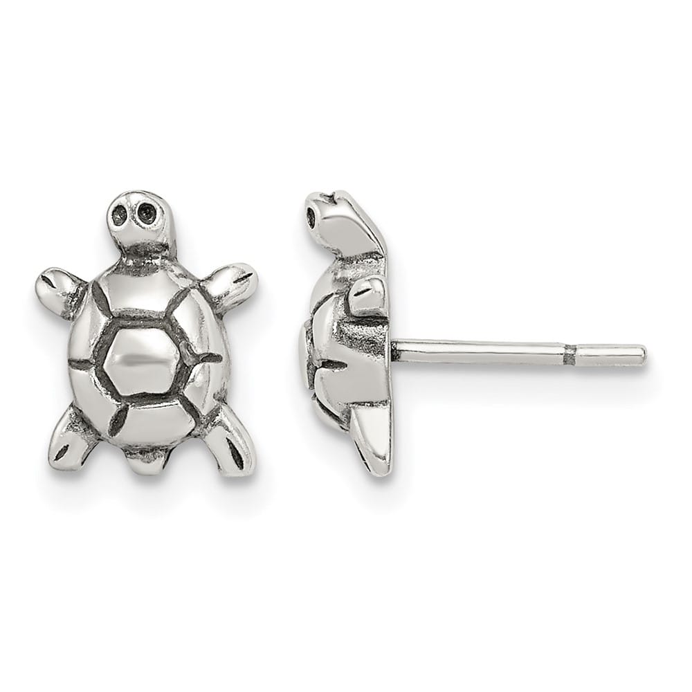 Sterling Silver Polished & Antiqued Turtle Post Earrings