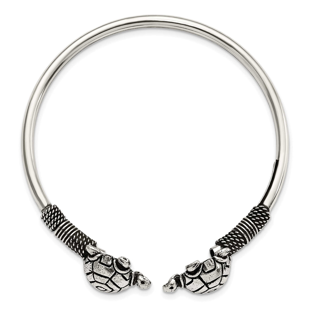 Sterling Silver Polished Antiqued Two Turtles Flexible Bangle