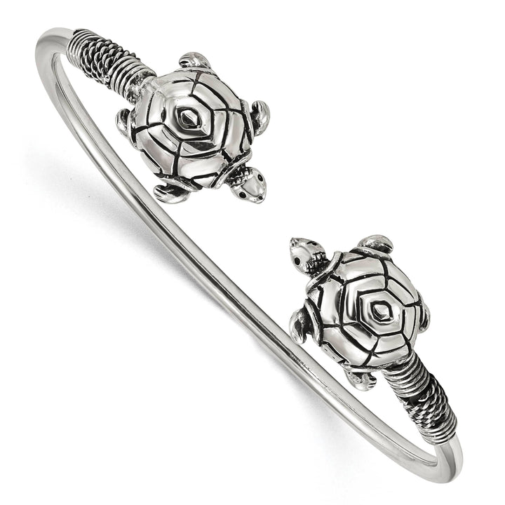 Sterling Silver Polished Antiqued Two Turtles Flexible Bangle