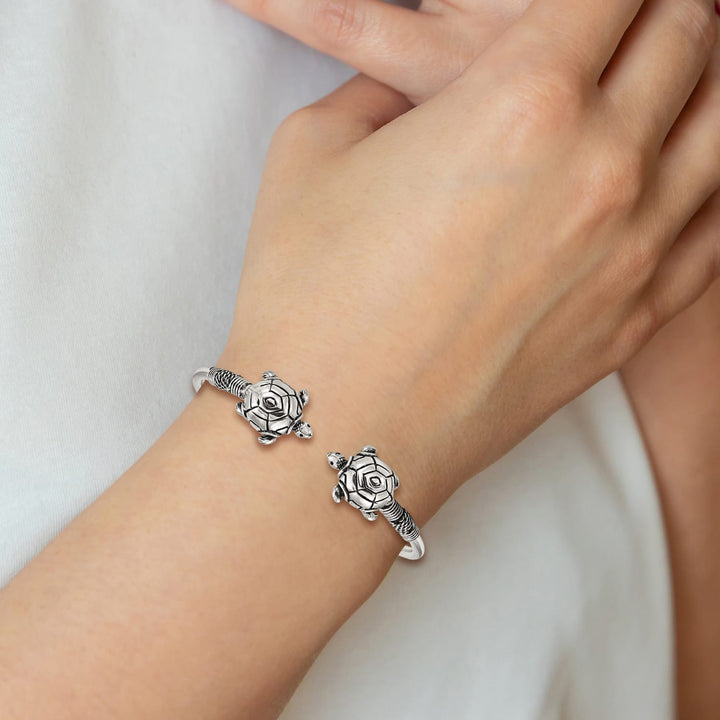 Sterling Silver Polished Antiqued Two Turtles Flexible Bangle