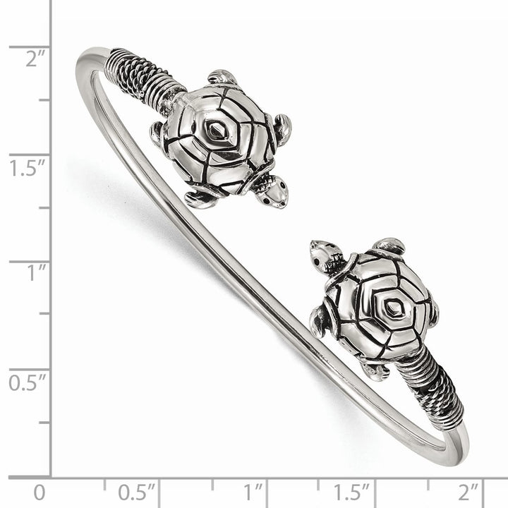 Sterling Silver Polished Antiqued Two Turtles Flexible Bangle