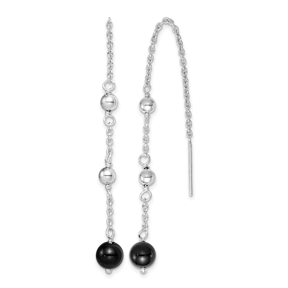 Sterling Silver Polished & Beaded Black Onyx Threader Earrings, view 1 of 4
