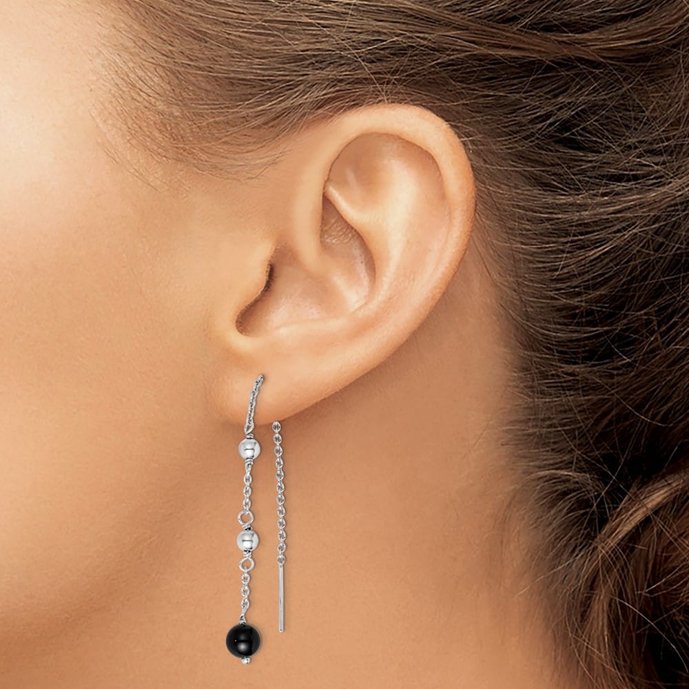 Sterling Silver Polished & Beaded Black Onyx Threader Earrings, view 3 of 4