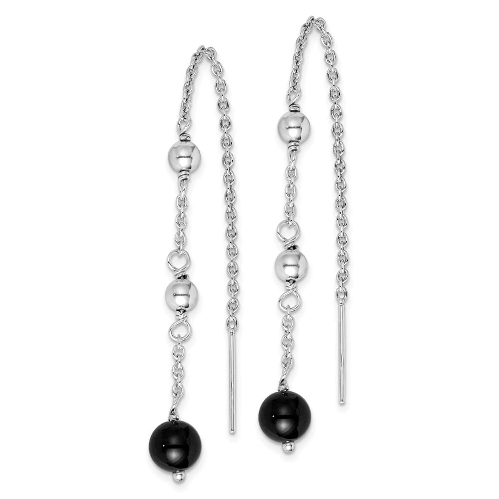 Sterling Silver Polished & Beaded Black Onyx Threader Earrings, view 2 of 4