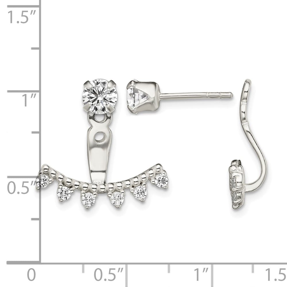 Sterling Silver Polished Beaded Curve & CZ Front & Back Post Earrings, view 4 of 4