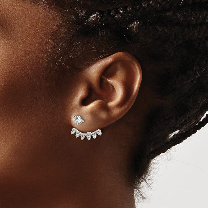 Sterling Silver Polished Beaded Curve & CZ Front & Back Post Earrings, view 3 of 4