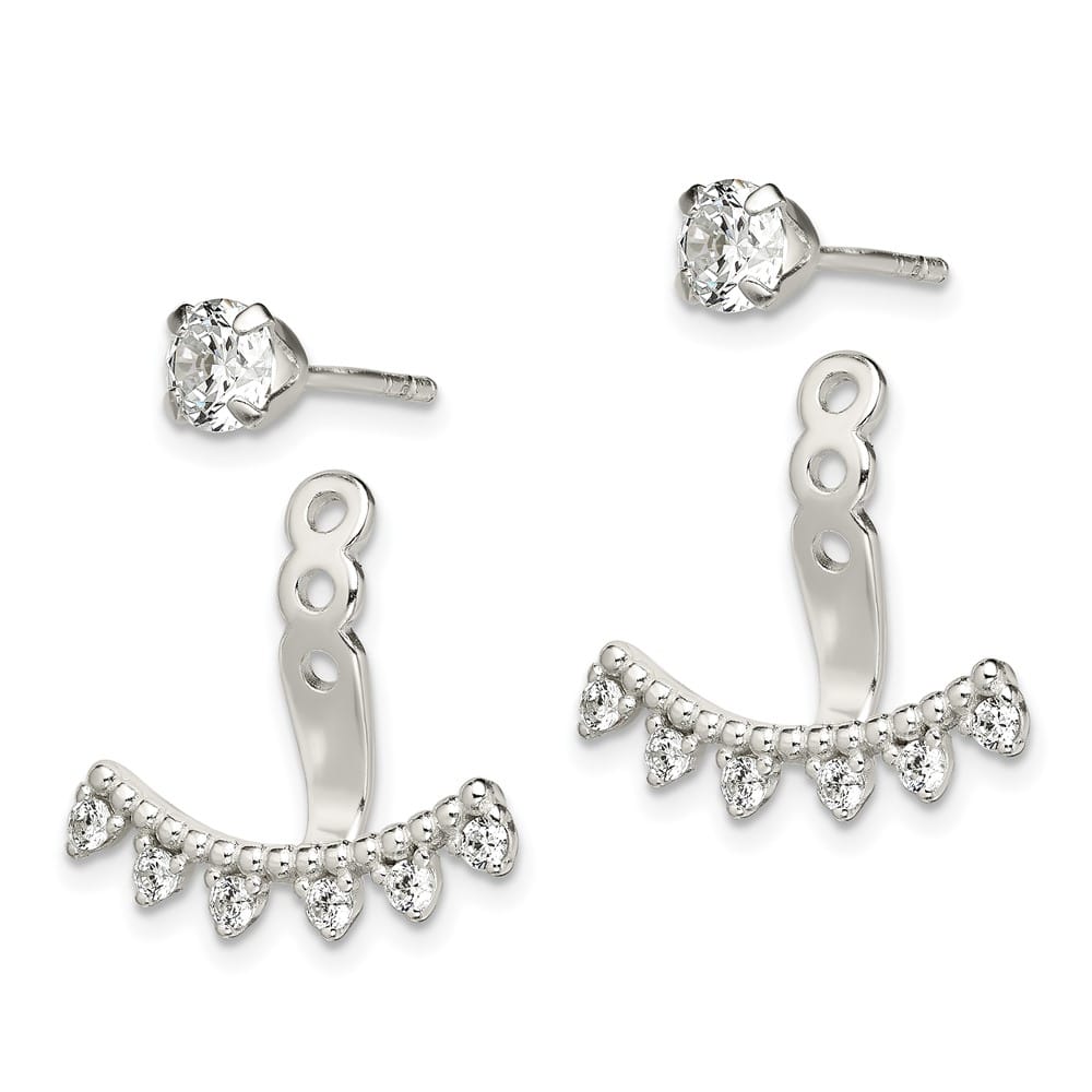 Sterling Silver Polished Beaded Curve & CZ Front & Back Post Earrings, view 2 of 4
