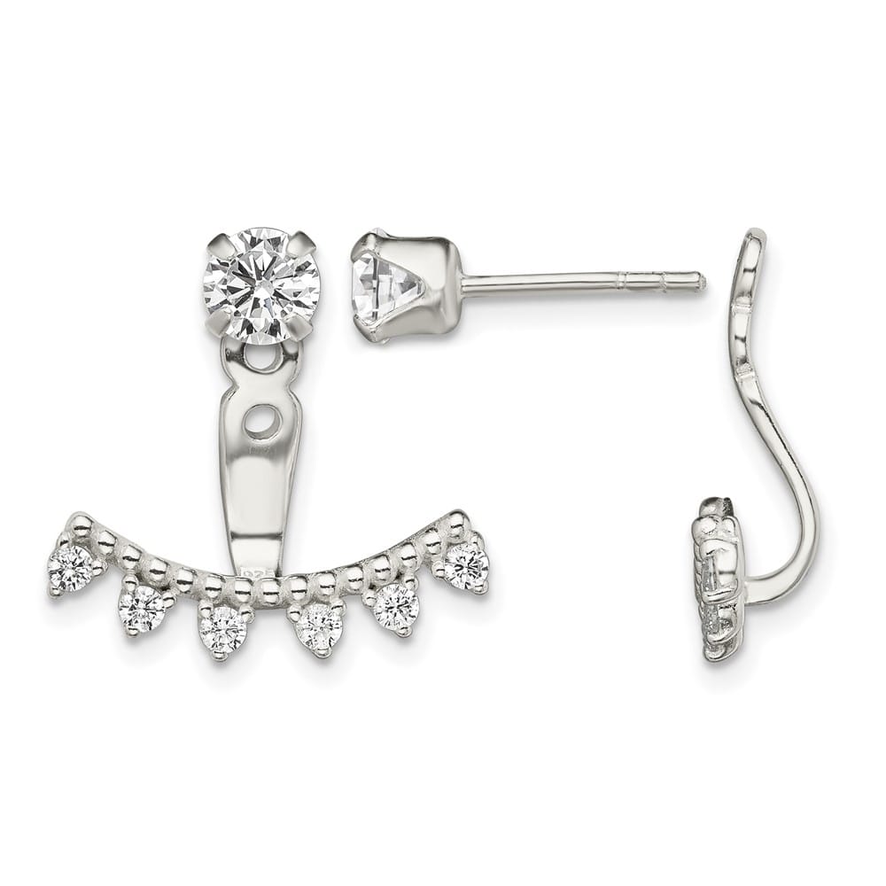 Sterling Silver Polished Beaded Curve & CZ Front & Back Post Earrings, view 1 of 4
