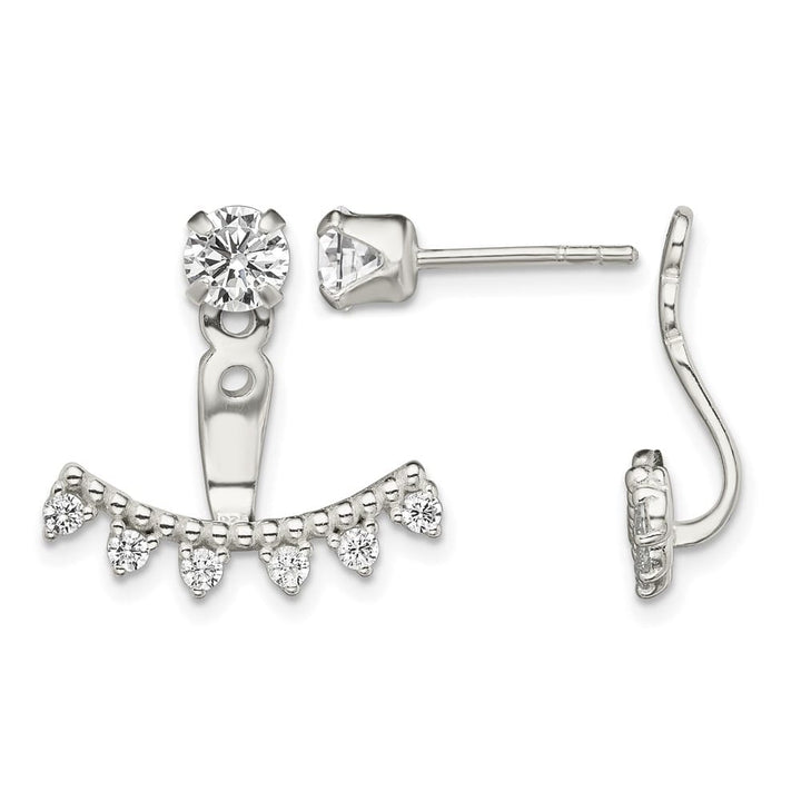 Sterling Silver Polished Beaded Curve & CZ Front & Back Post Earrings, view 1 of 4