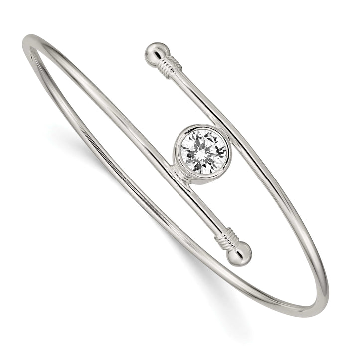 Sterling Silver Polished Bezel CZ Bypass Slip-on Bangle