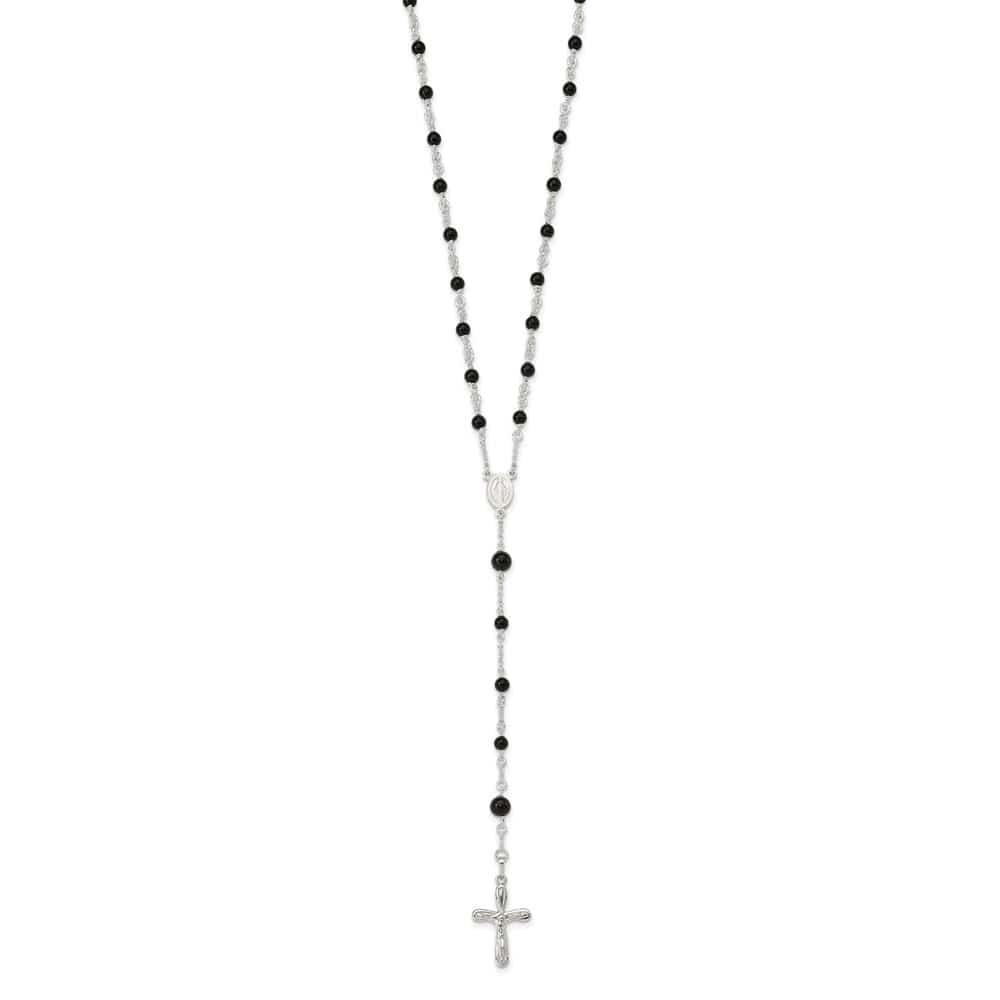 Sterling Silver Polished Black Onyx 33 Inch Rosary Necklace