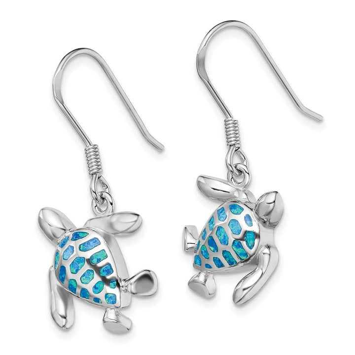 Sterling Silver Polished Blue Created Opal Turtle Dangle Earrings, view 2 of 4