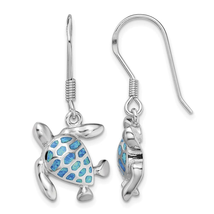 Sterling Silver Polished Blue Created Opal Turtle Dangle Earrings, view 1 of 4