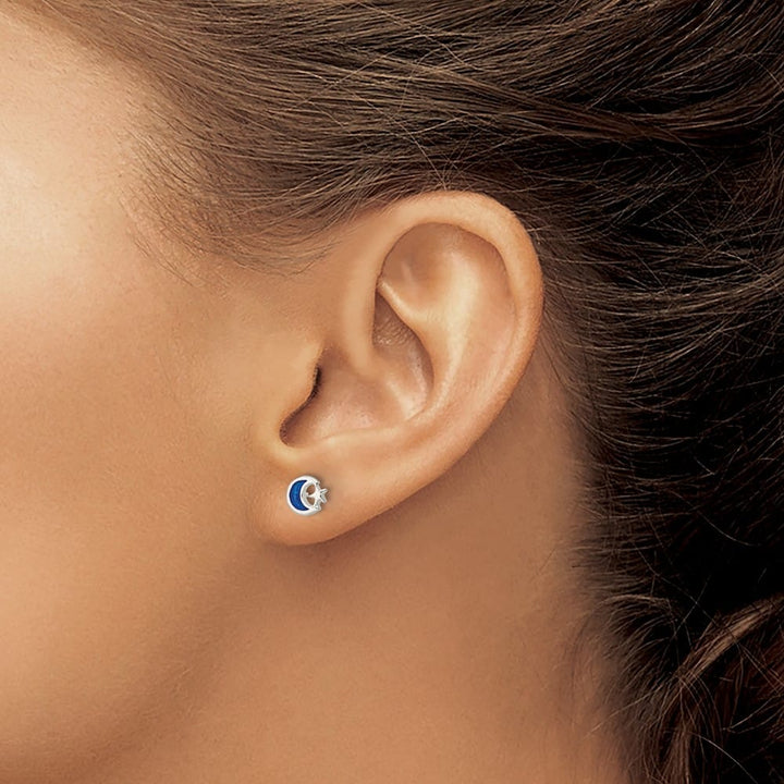 Sterling Silver Polished Blue Enamel Moon & Star Post Earrings
