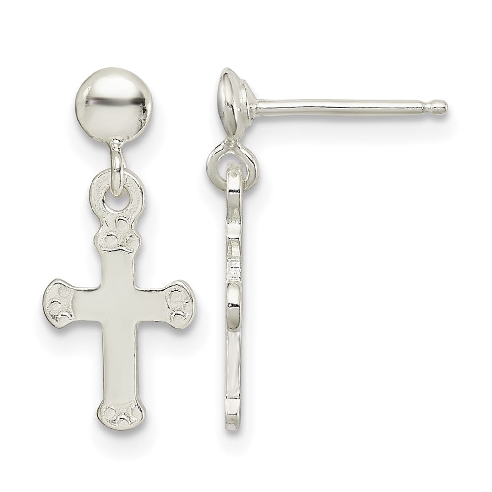 Sterling Silver Polished Budded Cross Post Dangle Earrings, view 1 of 4