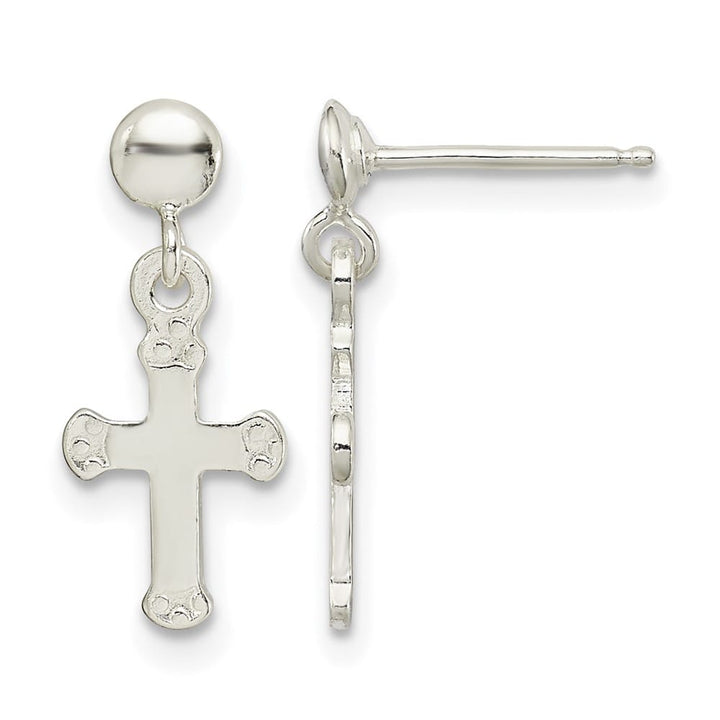 Sterling Silver Polished Budded Cross Post Dangle Earrings, view 1 of 4