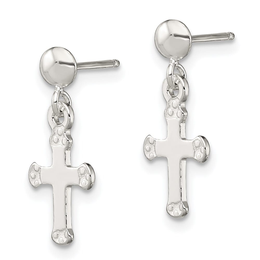 Sterling Silver Polished Budded Cross Post Dangle Earrings, view 2 of 4