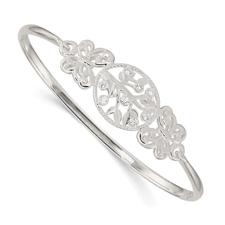 Sterling Silver Polished Butterflies and CZ Tree Hook Closure Bangle