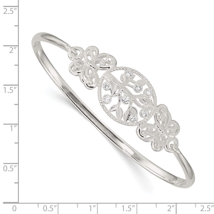 Sterling Silver Polished Butterflies and CZ Tree Hook Closure Bangle