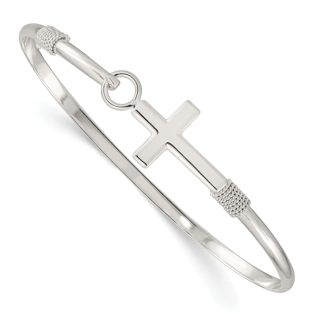 Sterling Silver Polished Cross Hook Closure Bangle, 14.15mm
