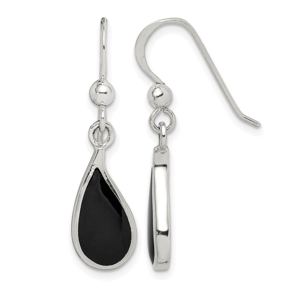 Sterling Silver Polished Curved Onyx Teardrop Dangle Earrings, view 1 of 4