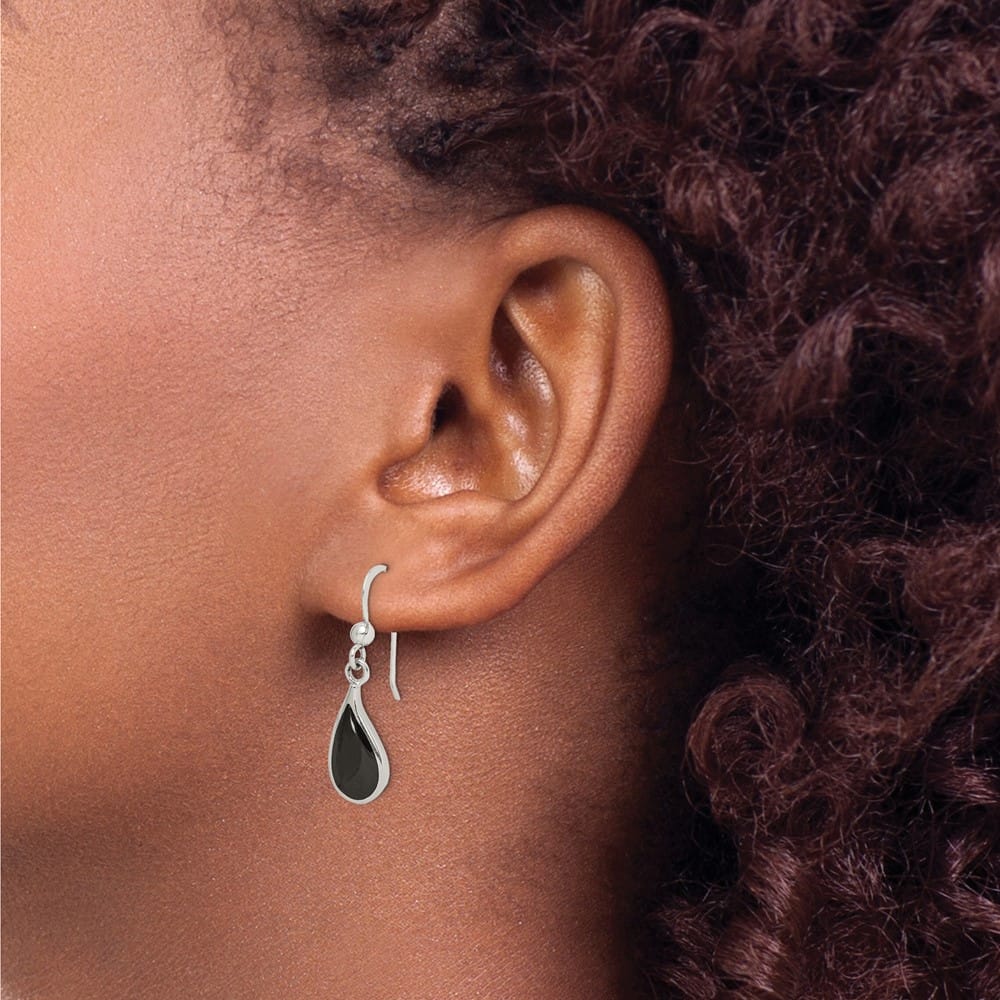 Sterling Silver Polished Curved Onyx Teardrop Dangle Earrings, view 3 of 4